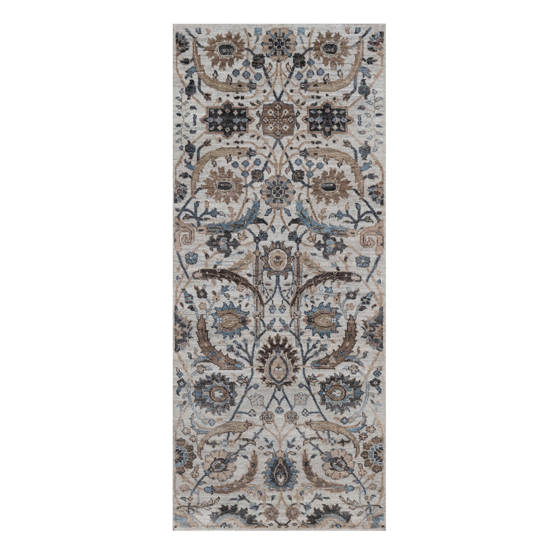 2'6"x6'1" Cloud Gray, Sickle Leaf Design, Hand Knotted, Plush and Lush, Silk with Textured Wool, Borderless, Runner, Oriental Rug 